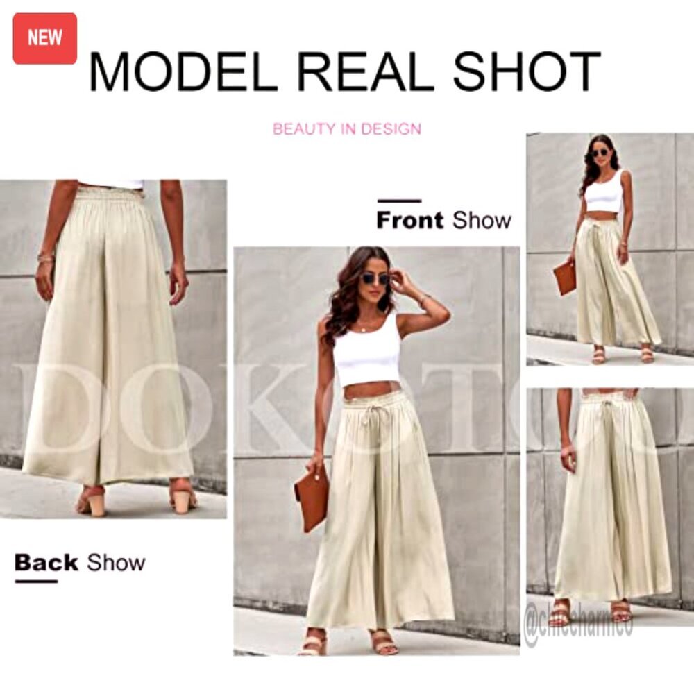 Wide Leg Palazzo Pants Elastic Waist Drawstring Casual Plus Size - Picture 4 of 7